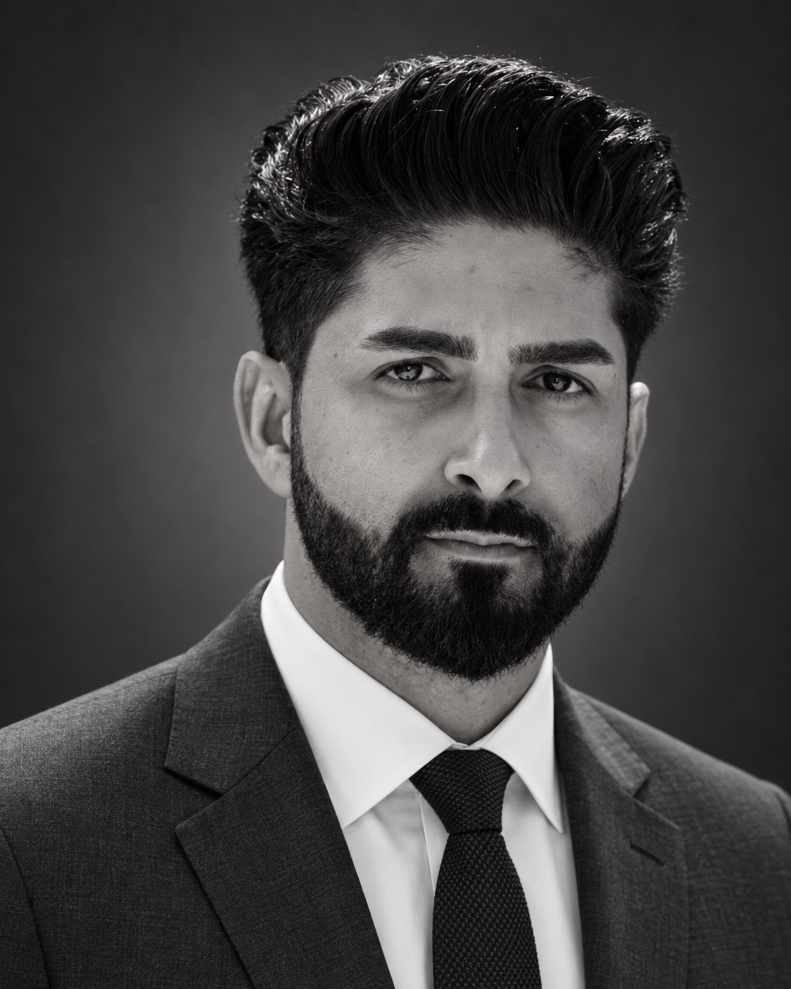 Black-and-white portrait of Neema Farhang in a charcoal suit
